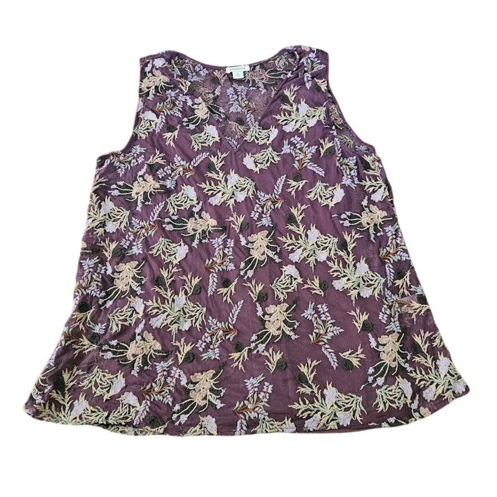 Sundance Floral Embroidered Mesh V-Neck Tank Top Plum Purple Women Large